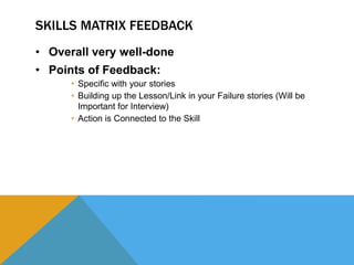 SKILLS MATRIX FEEDBACK
• Overall very well-done
• Points of Feedback:
• Specific with your stories
• Building up the Lesson/Link in your Failure stories (Will be
Important for Interview)
• Action is Connected to the Skill
 
