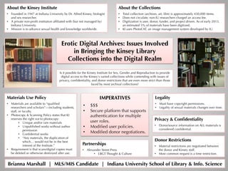 Erotic Digital Archives: Issues Involved
in Bringing the Kinsey Library
Collections into the Digital Realm
Is it possible for the Kinsey Institute for Sex, Gender and Reproduction to provide
digital access to the Kinsey's varied collections while contending with issues of
privacy, conﬁdentiality, and donor restrictions that are even more strict than those
faced by most archival collections?
About the Kinsey Institute
•  Founded in 1947 at Indiana University by Dr. Alfred Kinsey, biologist
and sex researcher.	
  
•  A private non-proﬁt institution afﬁliated with (but not managed by)
Indiana University.
•  Mission is to advance sexual health and knowledge worldwide.
About the Collections
•  Total collection (archives, art, ﬁlm) is approximately 430,000 items.
•  Does not circulate; non-IU researchers charged an access fee.
•  Digitization is user, donor, funder, and project driven. As of early 2013,
an estimated 5% of materials have been digitized.
•  KI uses PhotoCAT, an image management system developed by IU.
Privacy & Conﬁdentiality
•  Donor/source information on ALL materials is
considered conﬁdential.
Legality
•  Must have copyright permissions.
•  Legality of sexual materials changes over time.
Brianna Marshall | MLS/MIS Candidate | Indiana University School of Library & Info. Science
Materials Use Policy
•  Materials are available to “qualiﬁed
researchers and scholars”—including students,
staff, or faculty.
•  Photocopy & Scanning Policy states that KI
reserves the right not to photocopy:
•  Unique and/or rare materials
•  Unpublished works without author
permission
•  Conﬁdential works
•  “Any materials, the duplication of
which… would not be in the best
interest of the Institute.”
•  Requirement is that scans/digital copies must
be deleted or otherwise destroyed after use.
IMPERATIVES
•  $$$
•  Secure platform that supports
authentication for multiple
user roles.
•  Modiﬁed user policies.
•  Modiﬁed donor negotiations.
h#p://blogs.atu.edu/library/2013/02/14/valen<nes-­‐day-­‐website/	
  
Partnerships
•  Alexander Street Press
•  LBGT Thought & Culture
Donor Restrictions
•  Material restrictions are negotiated between
the donor and Kinsey staff.
•  Most common request is a time restriction.
 