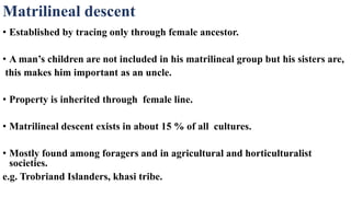 Matrilineal descent
• Established by tracing only through female ancestor.
• A man’s children are not included in his matrilineal group but his sisters are,
this makes him important as an uncle.
• Property is inherited through female line.
• Matrilineal descent exists in about 15 % of all cultures.
• Mostly found among foragers and in agricultural and horticulturalist
societies.
e.g. Trobriand Islanders, khasi tribe.
 