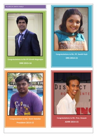 Congratulations to Rtr.PP.Vinoth Nagarajan
DRR 2015-16
PILLARS OF ZENITH FAMILY
Congratulations to Rtr. Sheik Abdullah
President 2014-15
Congratulations to Rtr. PP. Swathi Sujir
DRS 2014-15
Congratulations to Rtr. Pres. Deepak
ADRR 2014-15
 