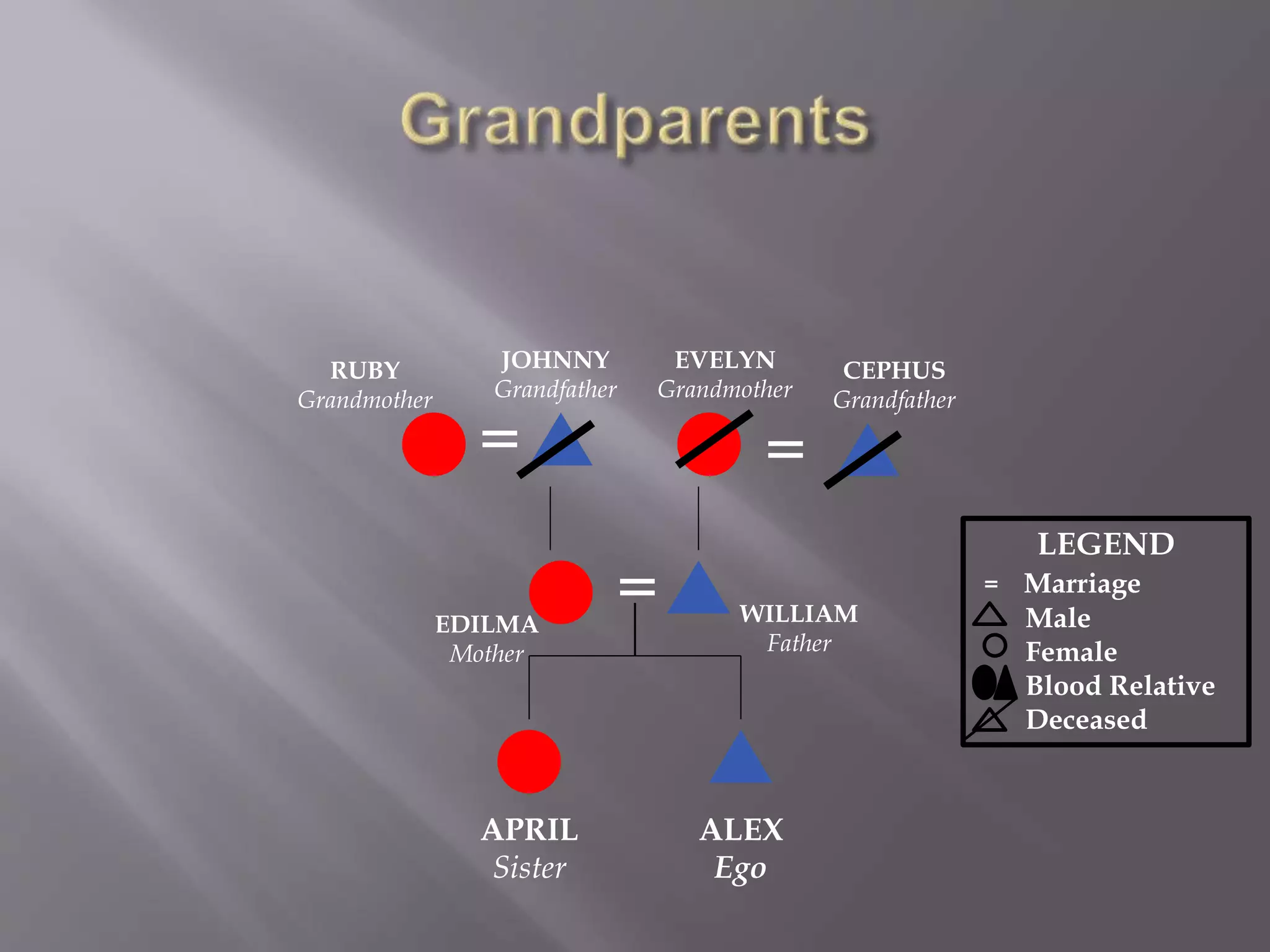 ALEX
Ego
WILLIAM
Father
EDILMA
Mother
APRIL
Sister
=
LEGEND
= Marriage
Male
Female
Blood Relative
Deceased
=
JOHNNY
Grandfather
RUBY
Grandmother
=
CEPHUS
Grandfather
EVELYN
Grandmother