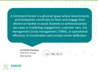 A	
  Command	
  Center	
  is	
  a	
  physical	
  space	
  where	
  Governments	
  
          and	
  Companies	
  coordinate	
  to	
  listen	
  and	
  engage	
  their	
  
       ci:zens	
  or	
  market	
  in	
  social	
  channels	
  to	
  achieve	
  business	
  
       use	
  cases	
  in	
  marke:ng	
  engagement,	
  customer	
  care,	
  risk	
  
     management	
  [crisis	
  management	
  /	
  ORM],	
  or	
  opera:onal	
  
      eﬃciency	
  of	
  coordina:on	
  and	
  contact	
  center	
  deﬂec:on.	
  



                 Jeremiah	
  Owyang	
  
                 Al:miter	
  Group	
  
                 @jowyang	
  




@Michae1Green!
 