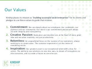 Our Values
	
  
Kinship	
  places	
  its	
  mission	
  as	
  "building	
  successful	
  social	
  enterprises"	
  for	
  its	
  clients	
  and	
  
pledges	
  to	
  use	
  these	
  values	
  to	
  guide	
  that	
  mission.	
  
	
  
1.  Commitment: We care deeply about our employees, our customers, our
       partners and our community. Our word is our commitment and we will always
       act with integrity and transparency.
2.  Creative Passion: Dedication and devotion are at the heart of every great
       idea and we value creativity, not just productivity.
3.  Relentless: An unparalleled focus on the success of our customers; always
       working to co create value. The customer experience is at the centre of
       everything we do.
4.  Inspiration: Our greatest asset is our exceptional talent with a bias for
       action. The ability to see solutions no one else sees, to dream of innovations no
       else conceives, and to create a future no one else can.




@Michae1Green!
 