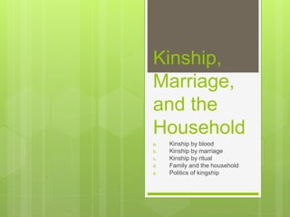 Kinship,
Marriage,
and the
Household
a. Kinship by blood
b. Kinship by marriage
c. Kinship by ritual
d. Family and the household
e. Politics of kingship
 