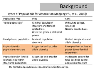 Background
    Types of Populations for Association Mapping (Yu, et al. 2006):
Population Type              Pros                               Cons
“Ideal population”           Minimal population                 Difficult to collect,
                             structure and familial             small size
                             relatedness                        Narrow genetic basis
                             Gives the greatest statistical
                             power
Family-based population      Minimal population                 Limited sample size and
                             structure                          allelic diversity
Population with              Larger size and broader            False positives or loss in
population structure         allelic diversity                  power due to familial
                                                                relatedness.
Population with familial     Larger size and broader            Inadequate control for
relationships within         allelic diversity                  false positives due to
structured population                                           population structure
     The highlighted population needs a kinship matrix for analysis.
 