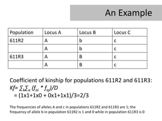 An Example
Population           Locus A              Locus B               Locus C
611R2                A                    b                     c
                     A                    b                     c
611R3                A                    B                     c
                     A                    B                     c

Coefficient of kinship for populations 611R2 and 611R3:
Kf= ∑k∑a (fai * faj)/D
  = (1x1+1x0 + 0x1+1x1)/3=2/3
The frequencies of alleles A and c in populations 611R2 and 611R3 are 1; the
frequency of allele b in population 611R2 is 1 and 0 while in population 611R3 is 0
 
