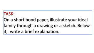 TASK:
On a short bond paper, illustrate your ideal
family through a drawing or a sketch. Below
it, write a brief explanation.
 
