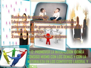 12 .PROMOVER LA INTERACCION IDONEA
CONSIGO MISMO CON LOS DEMAS Y CON LA
NATURALEZA EN LOS CONTEXTOS LABORAL Y
SOCIAL
 