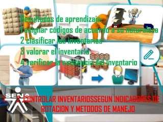 1. 2 ,CONTROLAR INVENTARIOSSEGUN INDICADORES DE
ROTACION Y METODOS DE MANEJO
Resultados de aprendizaje:
1 asignar códigos de acuerdo a su naturaleza
2 clasificar los inventarios
3 valorar el inventario
4 verificar la existencia del inventario
 