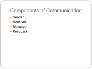 Components of Communication
 Sender
 Receiver
 Message
 Feedback
 