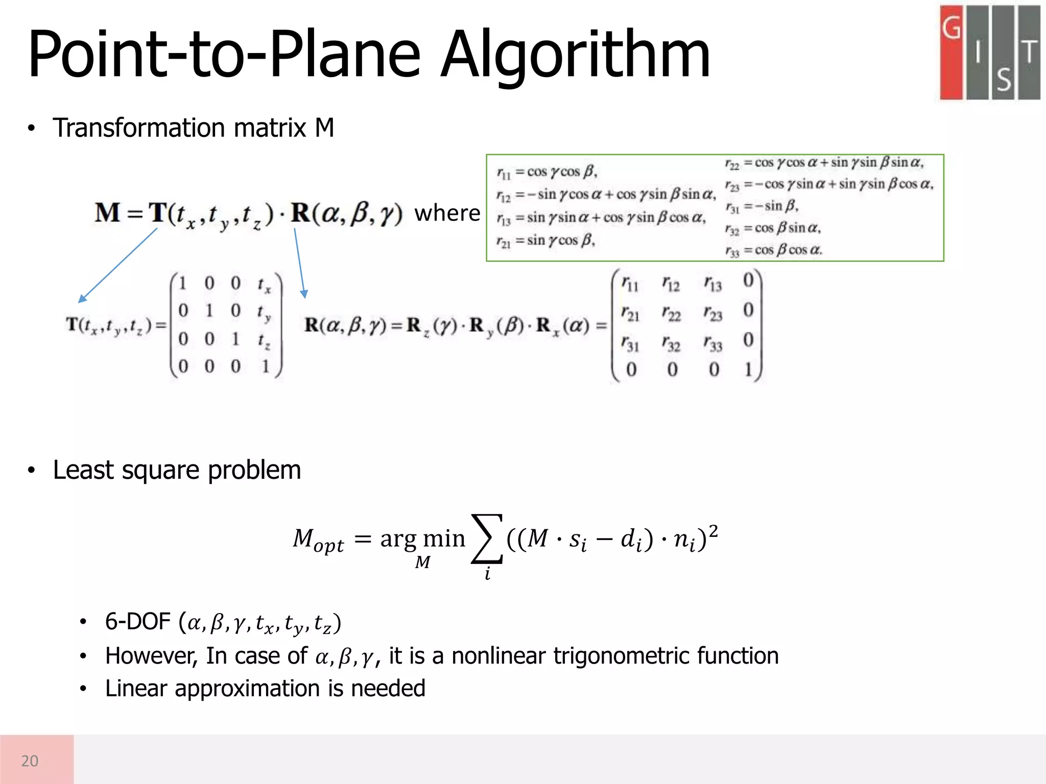 Point-to-Plane Algorithm
• Transformation matrix M
• Least square problem
• 6-DOF (𝛼, 𝛽, 𝛾, 𝑡 𝑥, 𝑡 𝑦, 𝑡 𝑧)
• However, In case of 𝛼, 𝛽, 𝛾, it is a nonlinear trigonometric function
• Linear approximation is needed
20
where
𝑀 𝑜𝑝𝑡 = arg min
𝑀
𝑖
((𝑀 ∙ 𝑠𝑖 − 𝑑𝑖) ∙ 𝑛𝑖)2
 
