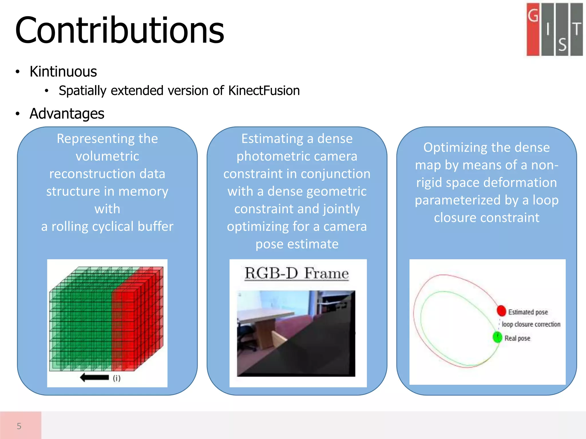 Contributions
5
Representing the
volumetric
reconstruction data
structure in memory
with
a rolling cyclical buffer
Optimizing the dense
map by means of a non-
rigid space deformation
parameterized by a loop
closure constraint
Estimating a dense
photometric camera
constraint in conjunction
with a dense geometric
constraint and jointly
optimizing for a camera
pose estimate
• Kintinuous
• Spatially extended version of KinectFusion
• Advantages
 
