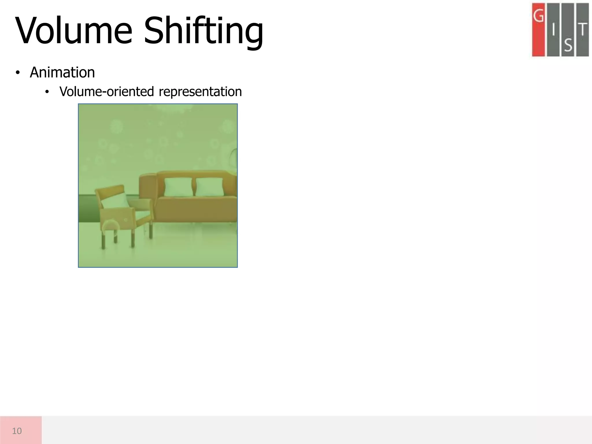 • Animation
• Volume-oriented representation
Volume Shifting
10
 