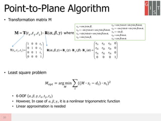 Point-to-Plane Algorithm
• Transformation matrix M
• Least square problem
• 6-DOF (𝛼, 𝛽, 𝛾, 𝑡 𝑥, 𝑡 𝑦, 𝑡 𝑧)
• However, In case of 𝛼, 𝛽, 𝛾, it is a nonlinear trigonometric function
• Linear approximation is needed
20
where
𝑀 𝑜𝑝𝑡 = arg min
𝑀
𝑖
((𝑀 ∙ 𝑠𝑖 − 𝑑𝑖) ∙ 𝑛𝑖)2
 