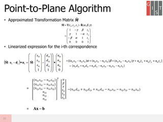 Point-to-Plane Algorithm
• Approximated Transformation Matrix 𝑴
• Linearized expression for the i-th correspondence
21
𝛼
𝛽
𝛾
𝑡 𝑥
𝑡 𝑦
𝑡 𝑧
(𝑛𝑖𝑧 𝑠𝑖𝑦 − 𝑛𝑖𝑧 𝑠𝑖𝑦)
(𝑛𝑖𝑥 𝑠𝑖𝑧 − 𝑛𝑖𝑧 𝑠𝑖𝑥)
(𝑛𝑖𝑦 𝑠𝑖𝑥 − 𝑛𝑖𝑥 𝑠𝑖𝑦)
𝑛𝑖𝑥
𝑛𝑖𝑦
𝑛𝑖𝑧
T
−(𝑛𝑖𝑥 𝑑𝑖𝑥 + 𝑛𝑖𝑦 𝑑𝑖𝑦 + 𝑛𝑖𝑧 𝑑𝑖𝑧 − 𝑛𝑖𝑥 𝑠𝑖𝑥 − 𝑛𝑖𝑦 𝑠𝑖𝑦 − 𝑛𝑖𝑧 𝑠𝑖𝑧)=
=
 