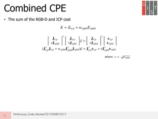 • The sum of the RGB-D and ICP cost
Combined CPE
24 Kintinuous_Code_Review/20170308015317
where
 
