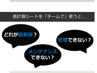 表計算シートを「チームで」使うと…




            管理できない？

   メンテナンス
   できない？
 
