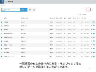 12
⼀覧画⾯の右上の⾚枠内にある をクリックすると
新しいデータを追加することができます。
 