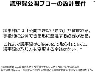 議事録公開フローの設計要件
議事録には「公開できないもの」が含まれる。
事後的に公開できる形に整理する必要がある。
これまで議事録はOffice365で取られていた。
議事録の取り方を変更する余裕はない。*
29
* 議事録を取る人が慣れたやり方を捨てて新しいやり方に移行するために
説得と教育のコストを掛けるべき状況ではないと筆者が判断して移行を求めなかった。
 