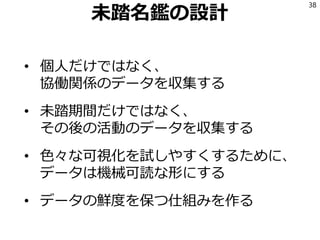 未踏名鑑の設計
• 個人だけではなく、
協働関係のデータを収集する
• 未踏期間だけではなく、
その後の活動のデータを収集する
• 色々な可視化を試しやすくするために、
データは機械可読な形にする
• データの鮮度を保つ仕組みを作る
38
 
