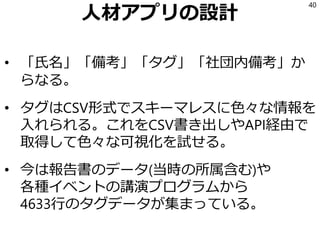 人材アプリの設計
• 「氏名」「備考」「タグ」「社団内備考」か
らなる。
• タグはCSV形式でスキーマレスに色々な情報を
入れられる。これをCSV書き出しやAPI経由で
取得して色々な可視化を試せる。
• 今は報告書のデータ(当時の所属含む)や
各種イベントの講演プログラムから
4633行のタグデータが集まっている。
40
 