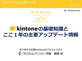 サイボウズ公認kintoneエバンジェリスト
代表 斎藤 栄
kintone Café 札幌 Vol.8
#kintonecafe
2016/5/20
の基礎知識と
ここ１年の主要アップデート情報
 