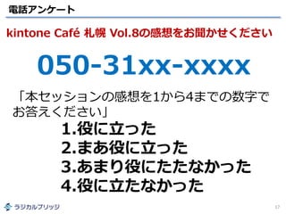 電話アンケート
17
kintone Café 札幌 Vol.8の感想をお聞かせください
050-31xx-xxxx
「本セッションの感想を1から4までの数字で
お答えください」
1.役に立った
2.まあ役に立った
3.あまり役にたたなかった
4.役に立たなかった
 