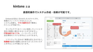 直感的操作でシステム作成・改修が可能です。
kintoneは自社に合わせたカスタマイズや、
現場のフィードバックをもとにした
システム改修も、マウス操作だけで簡単に
行うことが可能です。
サンプルアプリをベースに改修していくことで
自社の業務に適合させることができますし、
IT担当者でなくても、ノーコーディングで
自社専用のシステムを作ることができます。
ソフトウェアに合わせて業務を変えるのでなく、
低価格で自社の業務に合わせてぴったりのシステ
ムを作ることが可能になります。
kintone とは
 