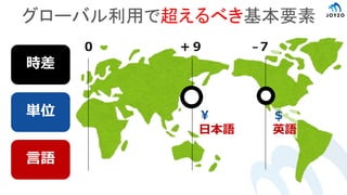 グローバル利用で超えるべき基本要素
単位
時差
言語
０ ＋９ −７
￥
日本語
＄
英語
 