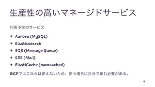 4 Aurora (MySQL)
4 Elasticsearch
4 SQS (Message Queue)
4 SES (Mail)
4 ElastiCache (memcached)
GCP
18
 