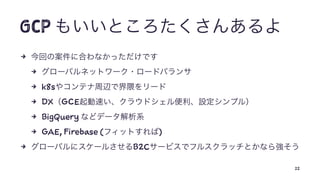 GCP
4
4
4 k8s
4 DX GCE
4 BigQuery
4 GAE, Firebase ( )
4 B2C
22
 