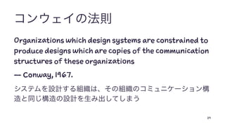 Organizations which design systems are constrained to
produce designs which are copies of the communication
structures of ...