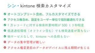 ④検索結果を表示
①検索フレーズ
を入力
IndexedDB
②検索フレーズを
全データと照合
③条件合致した
レコードを返却
Cy
Cybozu
Cybozu Kintone
Cybozu Groupware
Cybozu Teamwork
Cybozu Days 2022
s
1 万レコードに対する検索所要時間が 500 ミリ秒程度
低速通信環境（オフライン含む）でも検索速度が落ちない
他サービスなしで、kintone への負担もない
データの集中管理が難しい
アクセス権変更前のデータがデバイスに残る期間が生じる
kintone 検索カスタマイズ
 