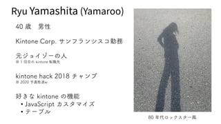 Ryu Yamashita (Yamaroo)
80 年代ロックスター風
40 歳 男性
元ジョイゾーの人
※ 1 回目の kintone 転職先
好きな kintone の機能
• JavaScript カスタマイズ
• テーブル
Kintone Corp. サンフランシスコ勤務
kintone hack 2018 チャンプ
※ 2020 予選敗退w
 