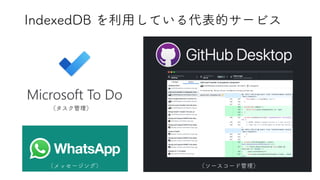 IndexedDB を利用している代表的サービス
（メッセージング）
（タスク管理）
（ソースコード管理）
 