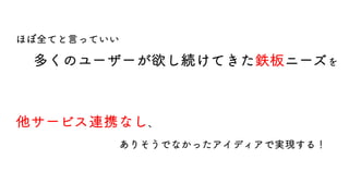 ほぼ全てと言っていい
他サービス連携なし、
ありそうでなかったアイディアで実現する！
多くのユーザーが欲し続けてきた鉄板ニーズを
 