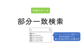 部分一致検索
今回のテーマ
Cy
Cybozu
Cybozu Kintone
Cybozu Groupware
Cybozu Teamwork
Cybozu Days 2022
キーワード入力に追従して
都度候補表示する
 