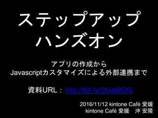 ステップアップ
ハンズオン
アプリの作成から
Javascriptカスタマイズによる外部連携まで
2016/11/12 kintone Café 愛媛
kintone Café 愛媛 沖 安隆
資料URL：http://bit.ly/2fuaMOG
 