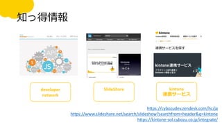 知っ得情報
developer
network
SlideShare kintone
連携サービス
https://cybozudev.zendesk.com/hc/ja
https://kintone-sol.cybozu.co.jp/integrate/
https://www.slideshare.net/search/slideshow?searchfrom=header&q=kintone
 