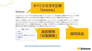 https://ja.wikipedia.org/w/index.php?title=kintone
すべて小文字が正解
「kintone」
面前開発
「対面開発」
協同良品
 