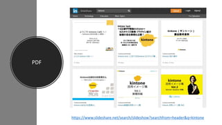 PDF
https://www.slideshare.net/search/slideshow?searchfrom=header&q=kintone
 