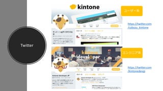 Twitter
https://twitter.com
/cybozu_kintone
https://twitter.com
/kintonedevjp
ユーザー系
エンジニア系
 