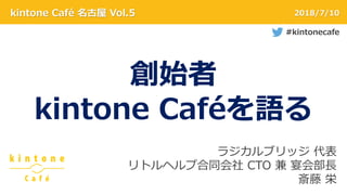 kintone Café 名古屋 Vol.5 2018/7/10
創始者
kintone Caféを語る
ラジカルブリッジ 代表
リトルヘルプ合同会社 CTO 兼 宴会部長
斎藤 栄
#kintonecafe
 
