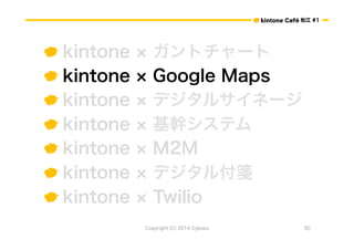 ɽ #1 
 kintone  ȥ` 
 kintone  Google Maps 
 kintone  ǥ륵ͩ` 
 kintone  ֥ƥ 
 kintone  M2M 
 kintone  ǥ븶{ 
 kintone  Twilio 
Copyright (C) 2014 Cybozu 30 
 