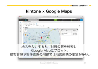 ɽ #1 
kintone  Google Maps 
ȡk 
Google Map˥ץåȡ 
͹䰸;Ǥϵ؇BЯҪत 
Copyright (C) 2014 Cybozu 31 
 