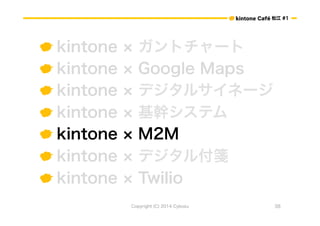 ɽ #1 
 kintone  ȥ` 
 kintone  Google Maps 
 kintone  ǥ륵ͩ` 
 kintone  ֥ƥ 
 kintone  M2M 
 kintone  ǥ븶{ 
 kintone  Twilio 
Copyright (C) 2014 Cybozu 38 
 