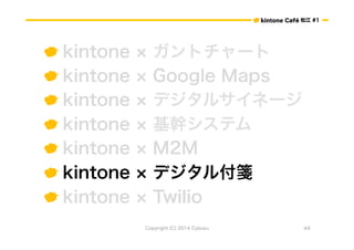 ɽ #1 
 kintone  ȥ` 
 kintone  Google Maps 
 kintone  ǥ륵ͩ` 
 kintone  ֥ƥ 
 kintone  M2M 
 kintone  ǥ븶{ 
 kintone  Twilio 
Copyright (C) 2014 Cybozu 44 
 