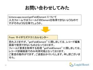 12
お問い合わせしてみた
kintone.app.record.getFieldElement について
入力フォームではフィールドのElementを取得できないようなので
すがそのような仕様でしょうか。
恐れ入りますが、“getFieldElement” に関しましては、レコード編集
画面で使用できないものとなっております。
フィールド要素を取得する処理 “getFieldElement” に関しましては、
レコード詳細画面でのみ利用可能となっております。
ご要望の動作ができず、ご迷惑おかけいたします。申し訳ございま
せん。
From: サイボウズテクニカルセンター
 