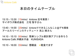 kintone Café
本日のタイムテーブル
13:15 - 13:30（15mins）kintone 古今東西！
サイボウズ株式会社 三宅 智子さん
13:40 - 14:00（20mins）kintoneでできるこんなこと@デモ環境
アールスリーインスティテュート 池上 緑さん
14:10 - 15:10（60mins）簡単シンプル家計簿アプリを作ろう
kintone Café 沖縄女子会 KUNISADA
15:10 - 16:00（50mins）懇親会 ★軽食でます
 