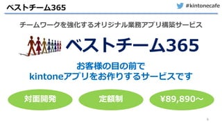 #kintonecafe
6
ベストチーム365
チームワークを強化するオリジナル業務アプリ構築サービス
ベストチーム365
対面開発 定額制 ¥89,890～
お客様の目の前で
kintoneアプリをお作りするサービスです
 